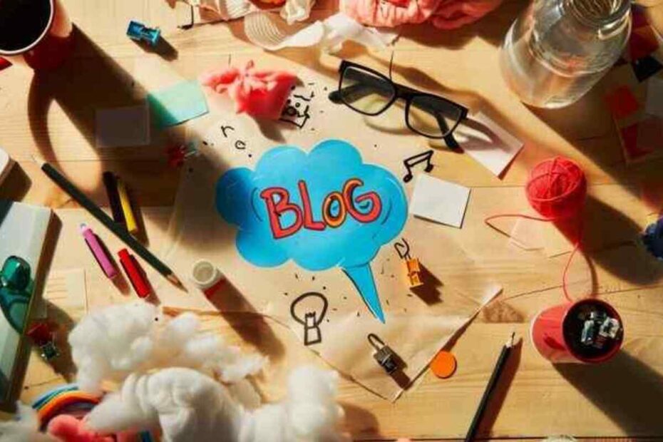 Creative workspace with “Blog” written in a bubble, illustrating a blog about PocketMemoriesNet.